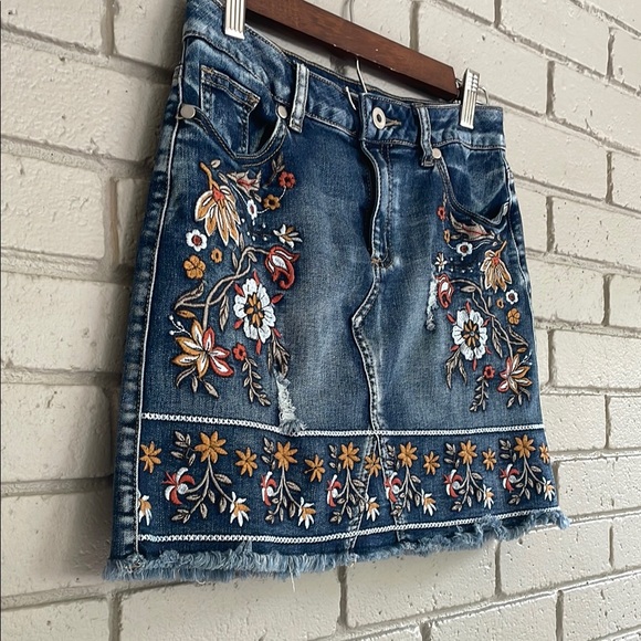 Altar'd State Embroidered Denim Mini Skirt - Blue and Multicolor - Picture 4 of 9